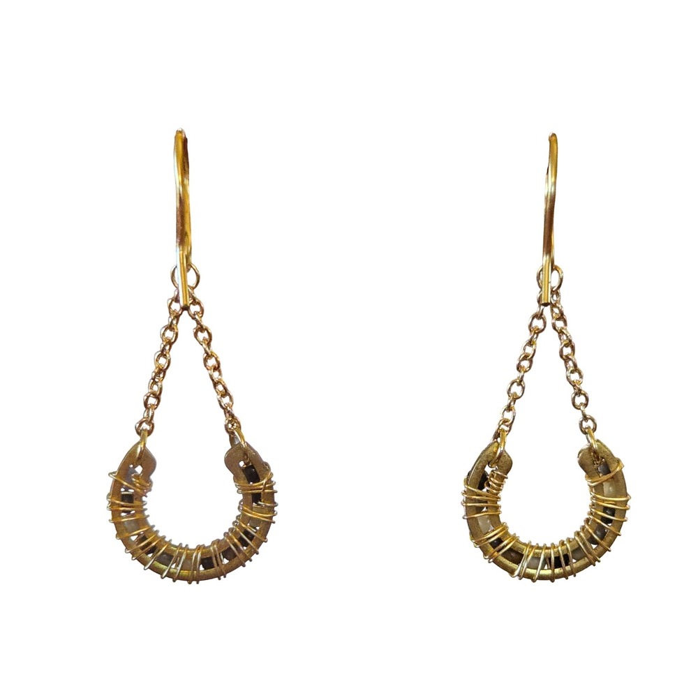 Boho Gypsy Handmade Picasso Jasper Gold Tone Wire Wrapped Horseshoe Earrings - Picture 4 of 4